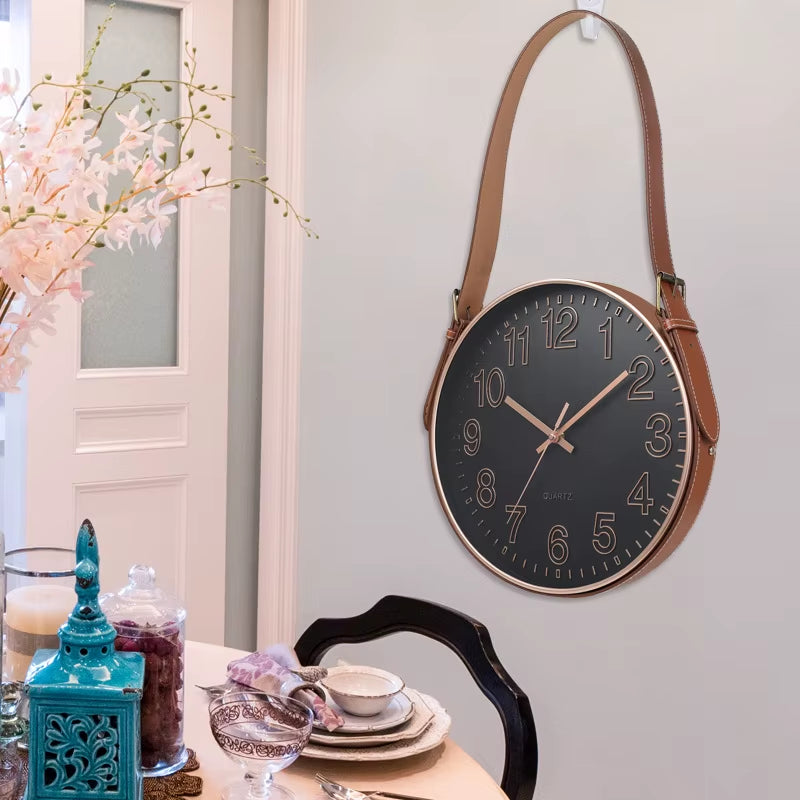 YY Gold Wall Clock Nordic Vogue Mute Movement Glass Clock Minimalist Home Decor PU Leather Belt Hanging Clock