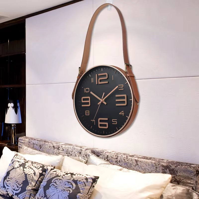 YY Gold Wall Clock Nordic Vogue Mute Movement Glass Clock Minimalist Home Decor PU Leather Belt Hanging Clock