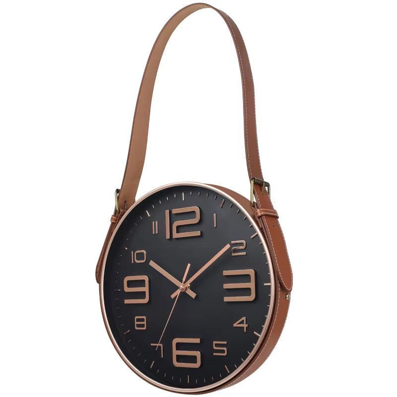 YY Gold Wall Clock Nordic Vogue Mute Movement Glass Clock Minimalist Home Decor PU Leather Belt Hanging Clock