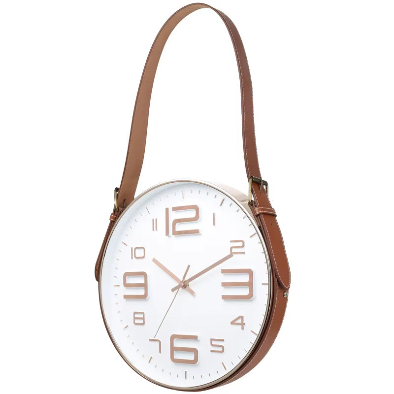YY Gold Wall Clock Nordic Vogue Mute Movement Glass Clock Minimalist Home Decor PU Leather Belt Hanging Clock