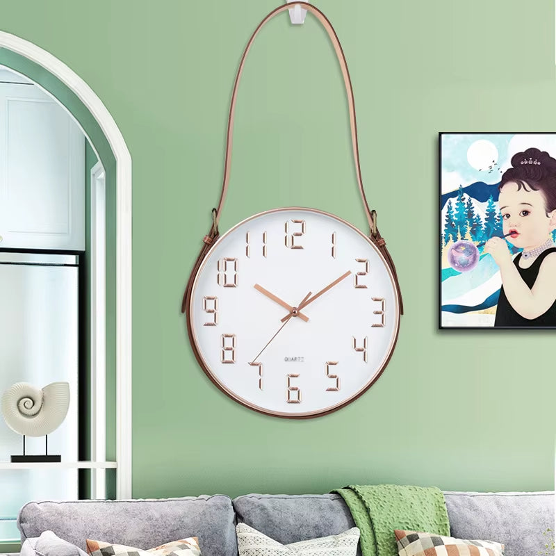 YY Gold Wall Clock Nordic Vogue Mute Movement Glass Clock Minimalist Home Decor PU Leather Belt Hanging Clock