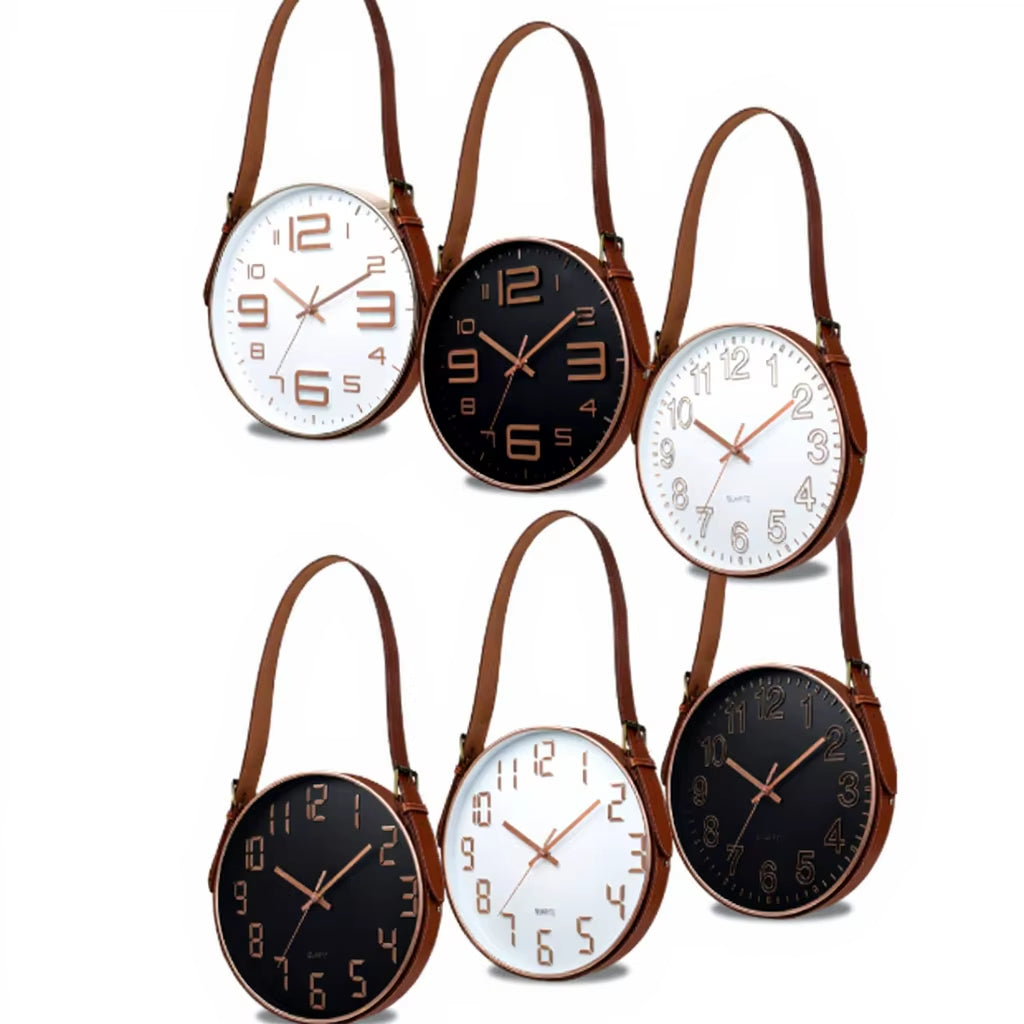 YY Gold Wall Clock Nordic Vogue Mute Movement Glass Clock Minimalist Home Decor PU Leather Belt Hanging Clock